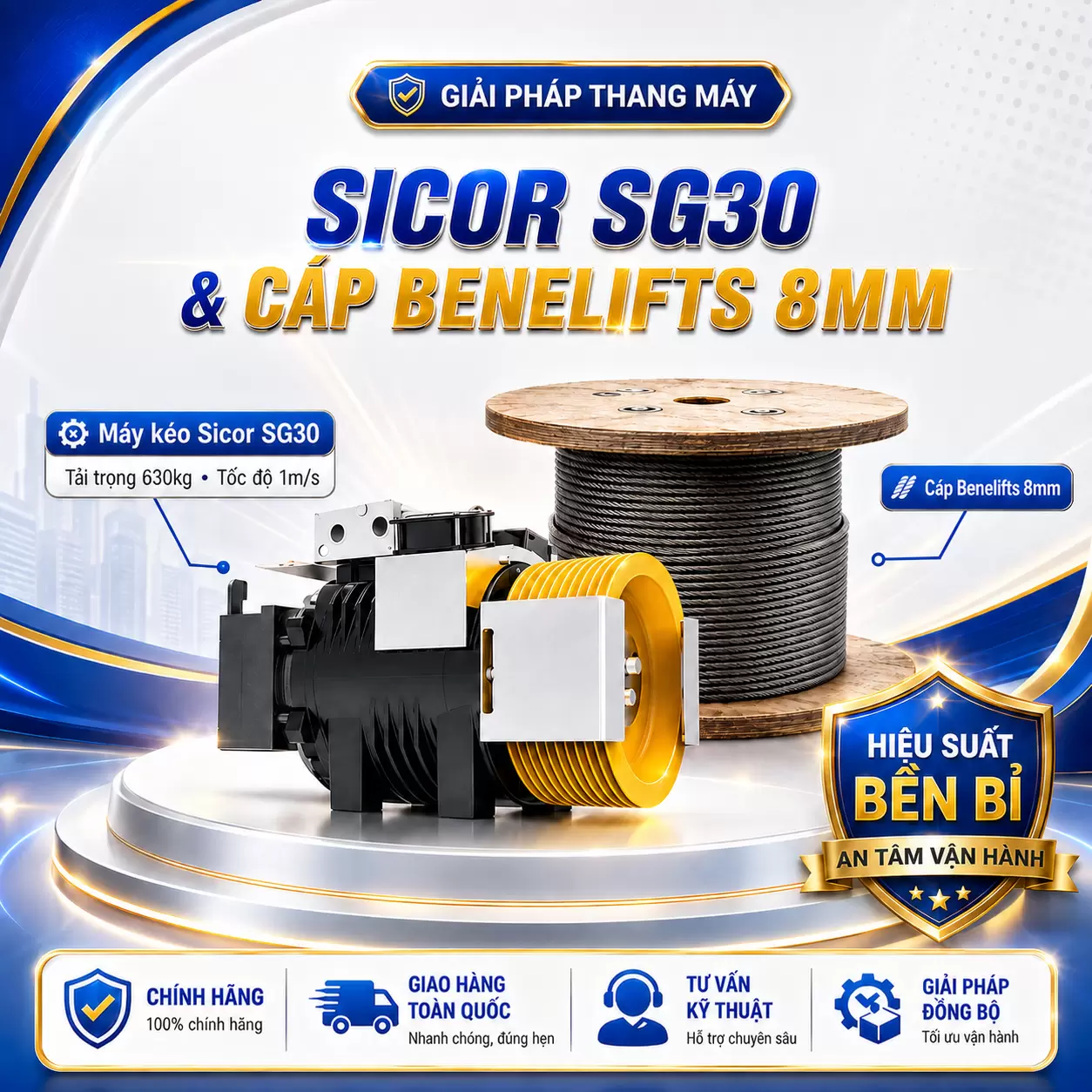 Combo Máy kéo Sicor SG30 630kg, 1m/s & Cáp Benelift (FC) 8mm