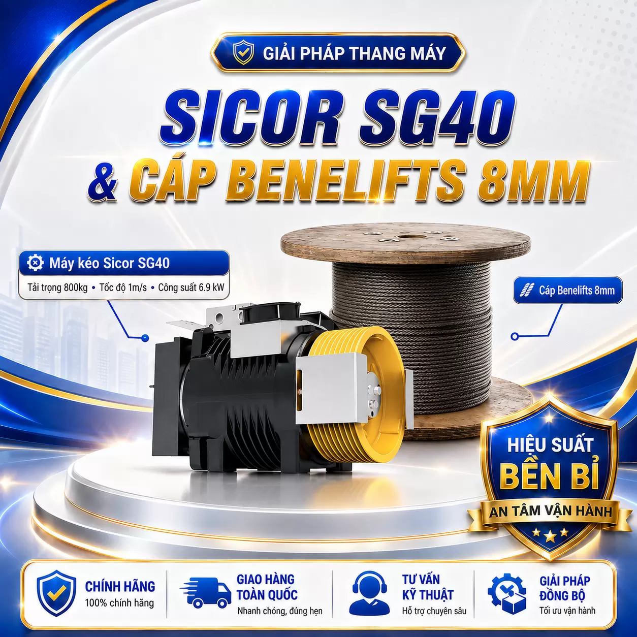 Combo Máy kéo Sicor SG40 800kg, 1m/s & Cáp Benelift (FC) 8mm