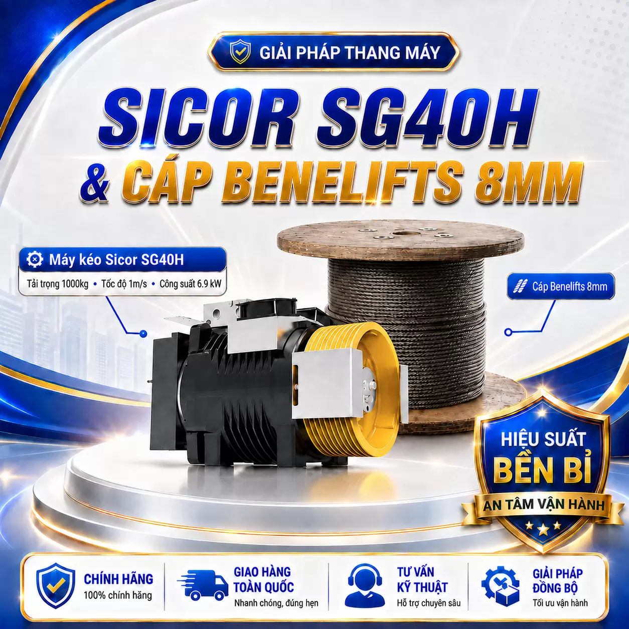 Combo Máy kéo Sicor SG40H 1000kg, 1m/s & Cáp Benelift (FC) 8mm