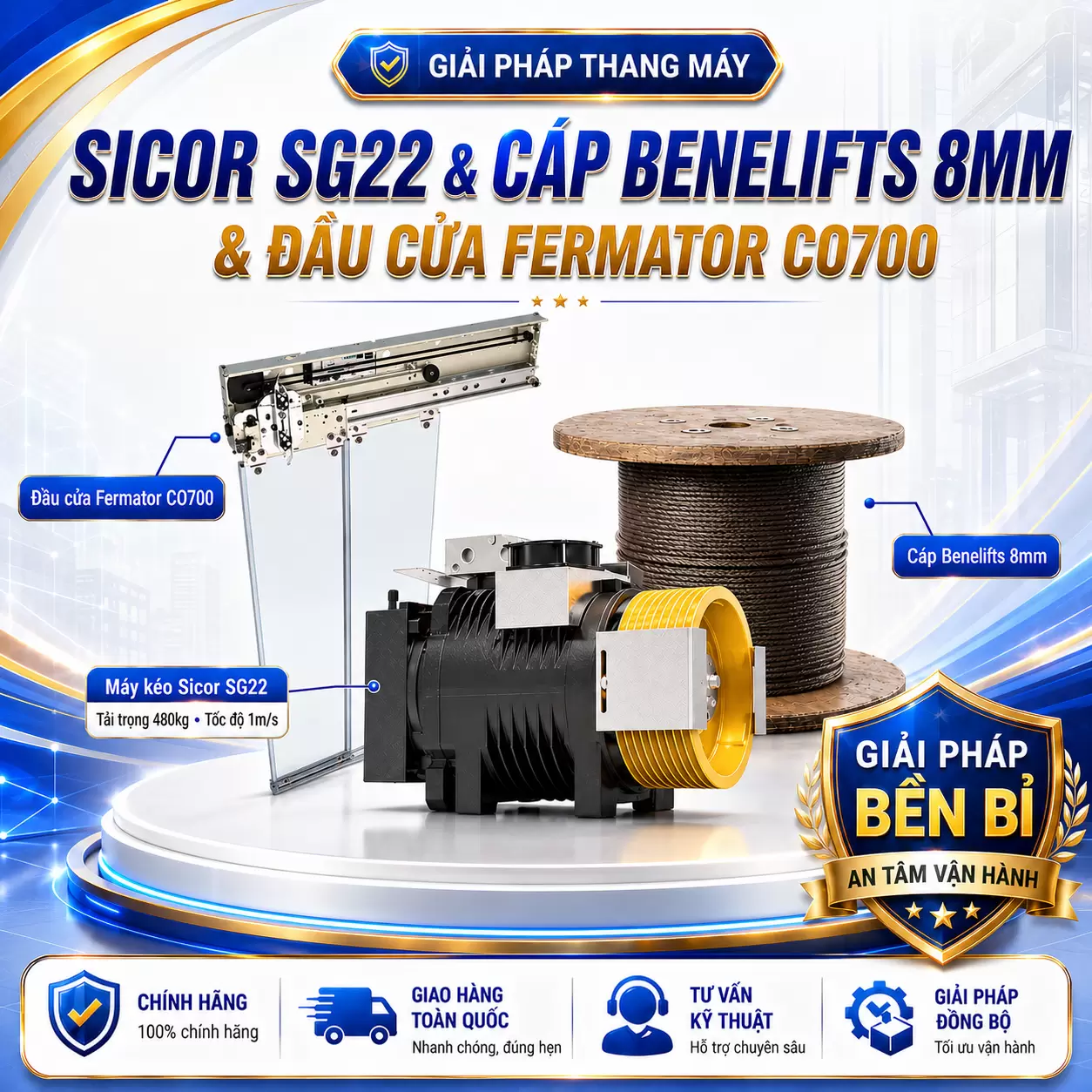 Combo Máy kéo Sicor SG22 480kg, 1m/s & Cáp Benelift (FC) 8mm & Đầu cửa Fermator CO700
