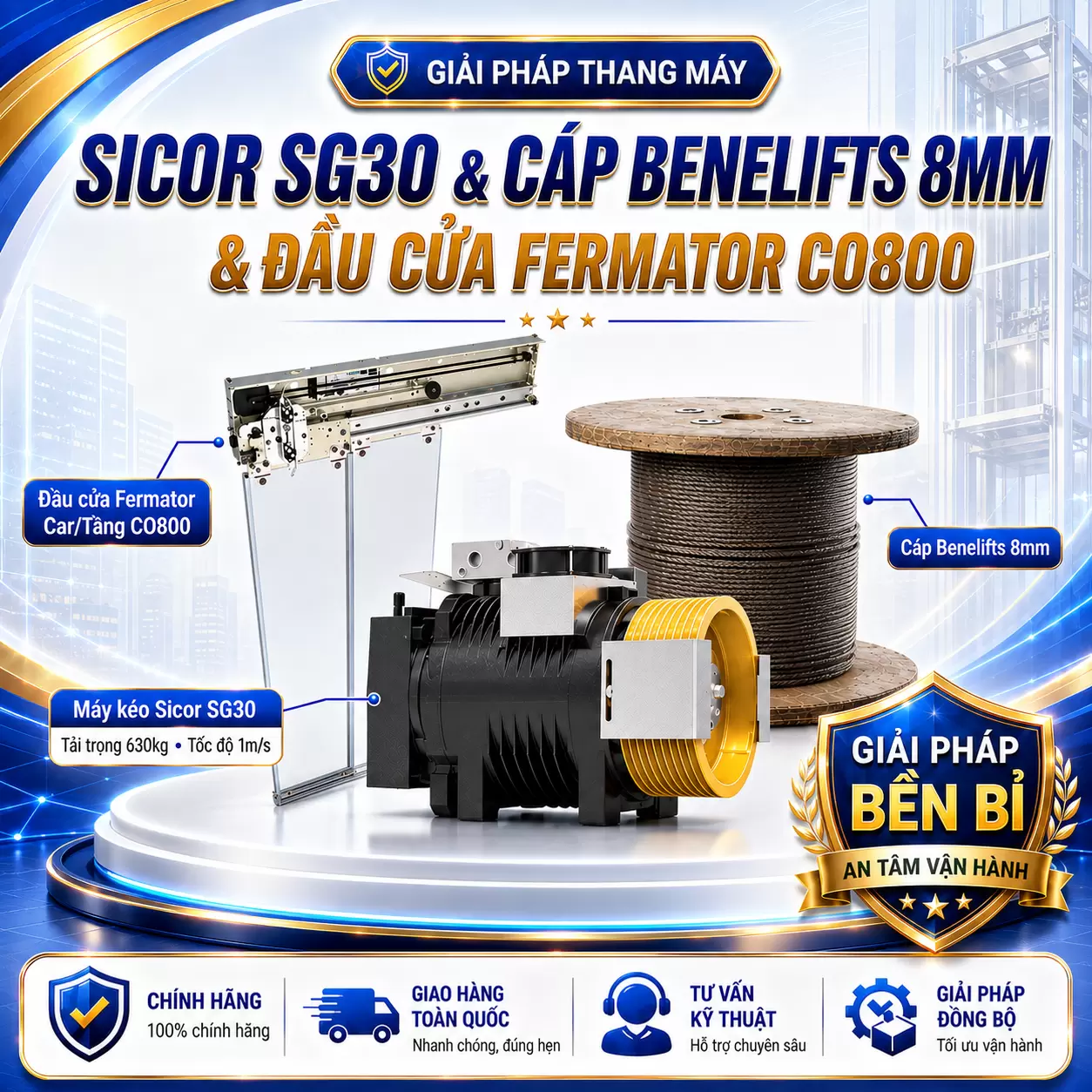 Combo Máy kéo Sicor SG30 630kg, 1m/s & Cáp Benelift (FC) 8mm & Đầu cửa Fermator CO800
