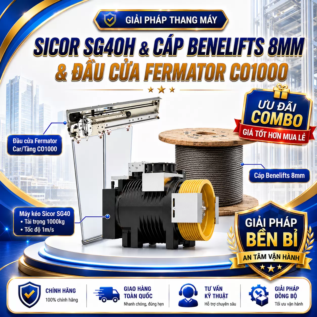 Combo Máy kéo Sicor SG40H 1000kg, 1m/s & Cáp Benelift (FC) 8mm & Đầu cửa Fermator CO1000