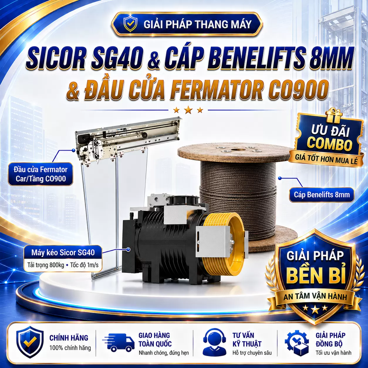 Combo Máy kéo Sicor SG40 800kg, 1m/s & Cáp Benelift (FC) 8mm & Đầu cửa Fermator CO900
